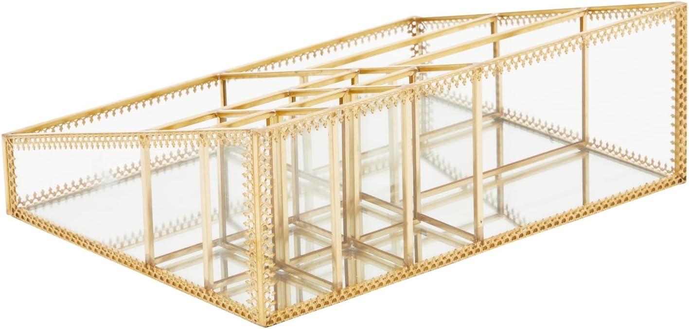 Glamlily Glass Makeup Organizer with Gold Trim, 10 Compartments (10.2 x 7.5 x 3.5 In)