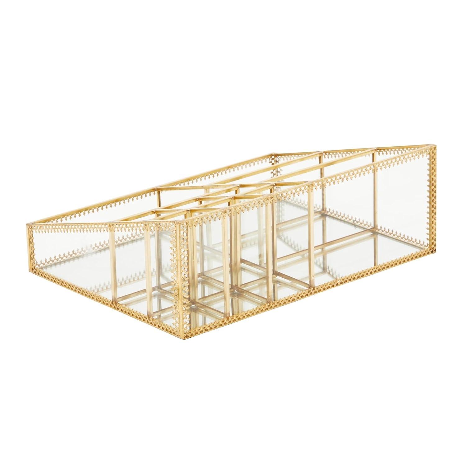 Glamlily Glass Makeup Organizer with Gold Trim, 10 Compartments (10.2 x 7.5 x 3.5 In)