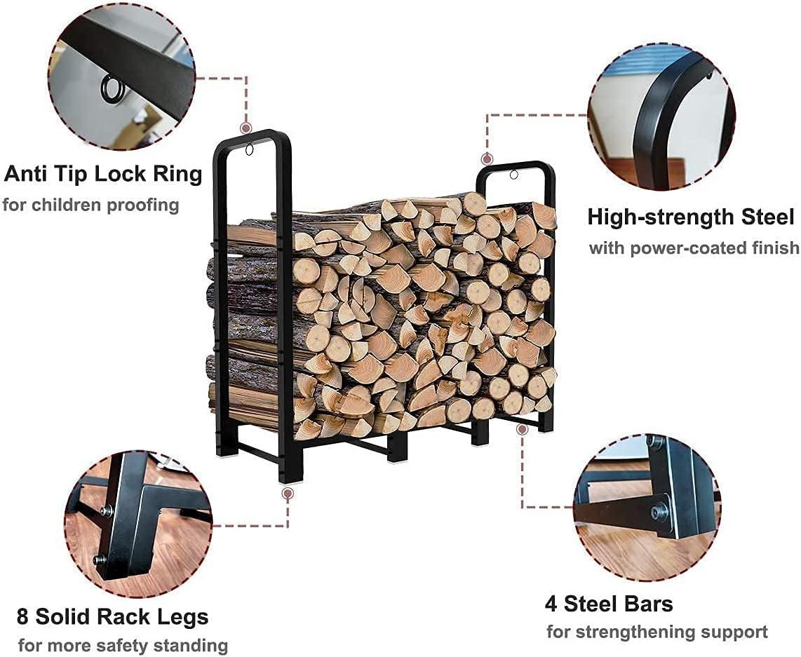 XZKING 4ft Firewood Rack Adjustable Metal Heavy Duty Fire Log Stand for Indoor Outdoor