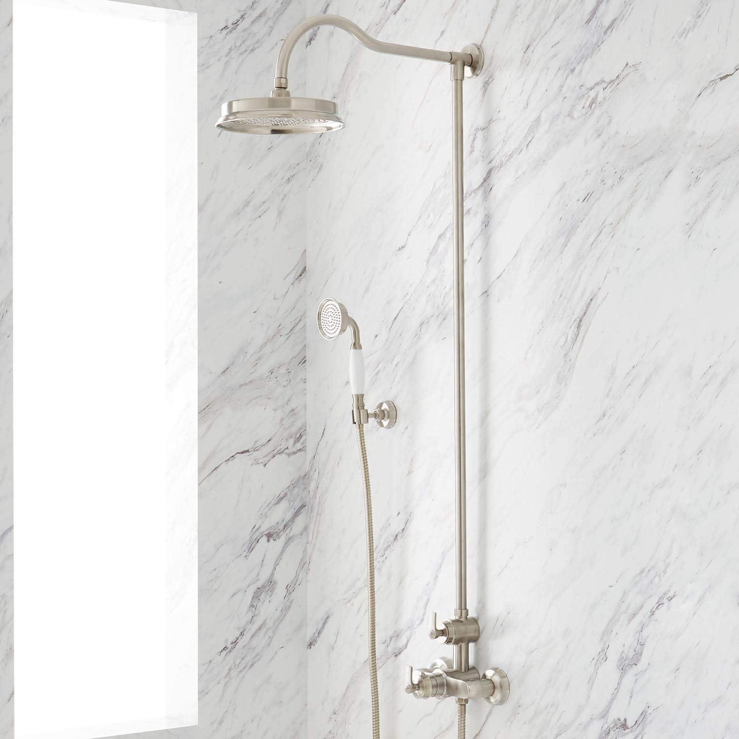 Brushed Nickel Rainfall Shower System with Handheld and Thermostatic Valve