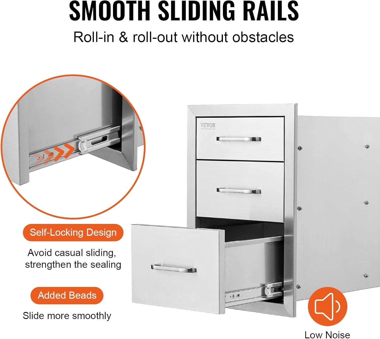 18x23 Inch Outdoor Kitchen Stainless Steel Triple Access BBQ Drawers with Chrome Handle, 18 x23 x 23 Inch 18 x 23 x 23 inch