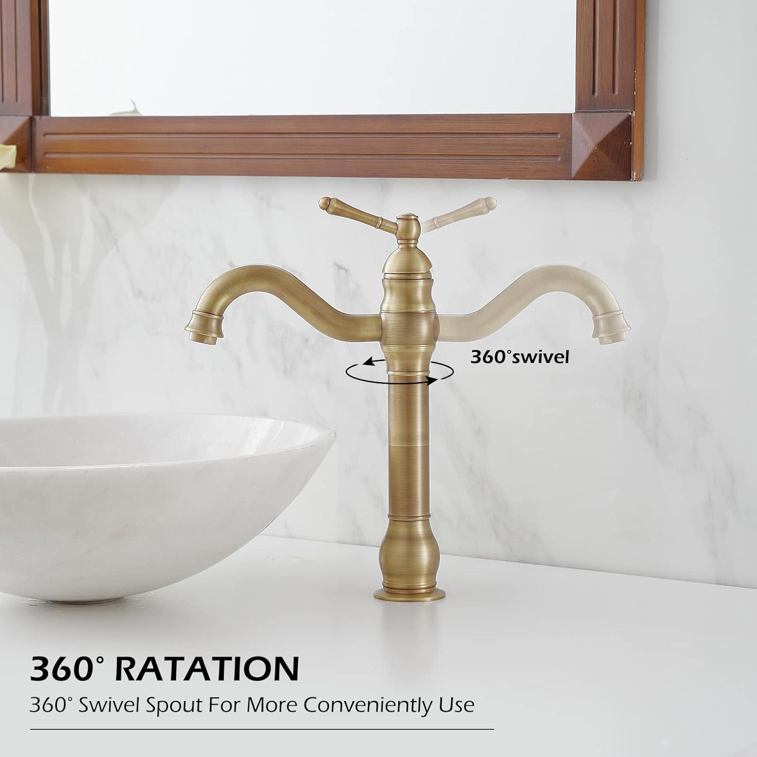 GGStudy 360° Swivel Antique Brass Bathroom Vessel Sink Faucet Single Handle One Hole Matching with Pop Up Drain