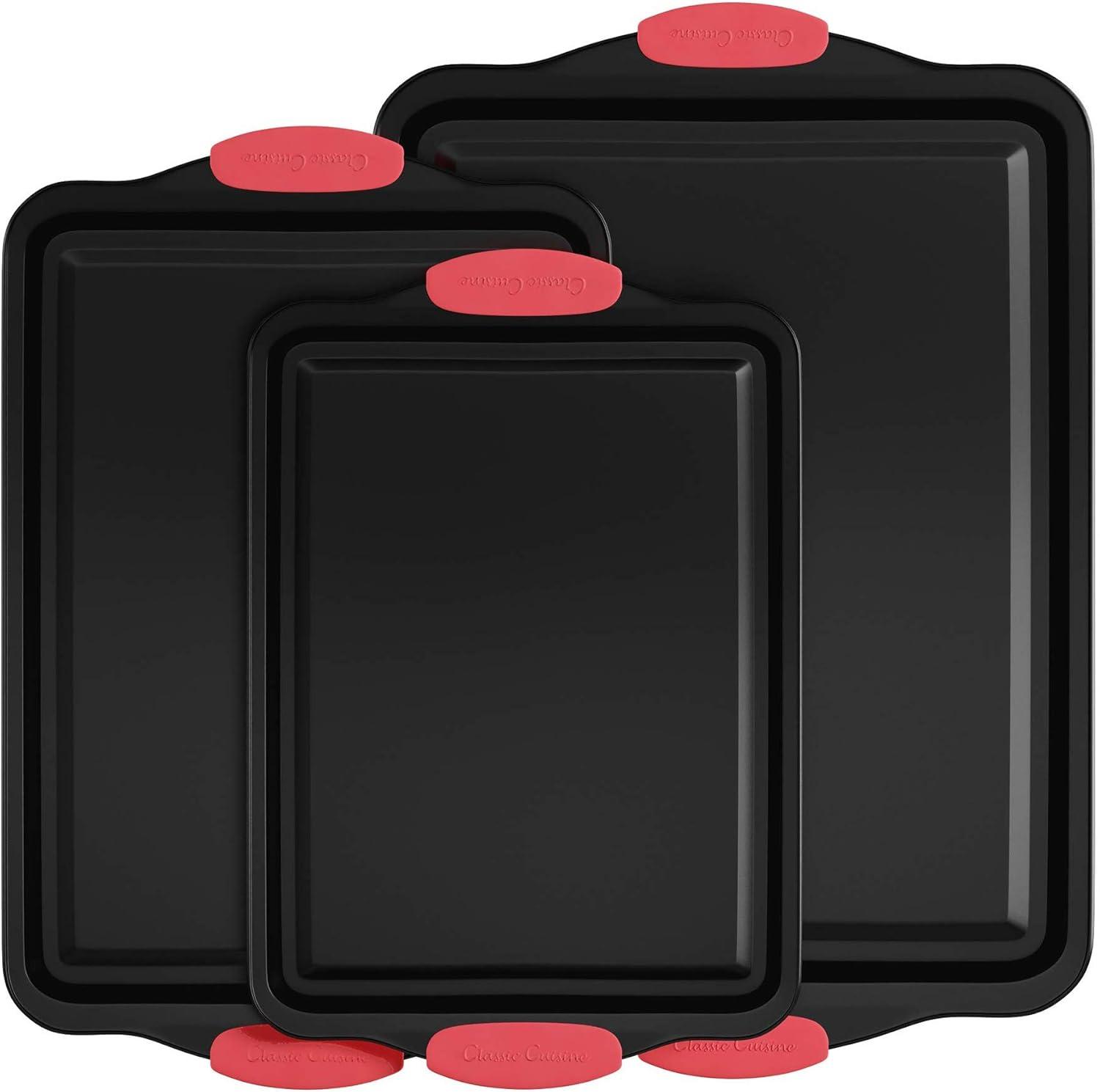 Baking Pans-3PC. Nonstick Cookie Sheet Set, Silicone Handles-17.75x12, 15.75x10 Jelly Roll, 13.5x9 Quarter Size-Home Bakeware by Classic Cuisine