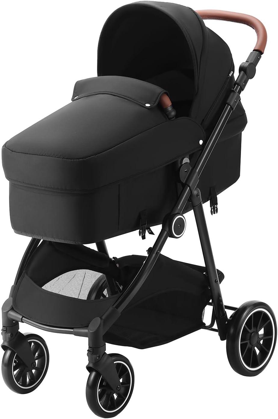 VEVOR Standard Baby Stroller, Infant Toddler Stroller with Bassinet, 3rd-Gear Adjustable Backrest & Foldable & Reversible Seat, Carbon Steel Newborn Stroller with Leg Cover and Mesh Net, Black