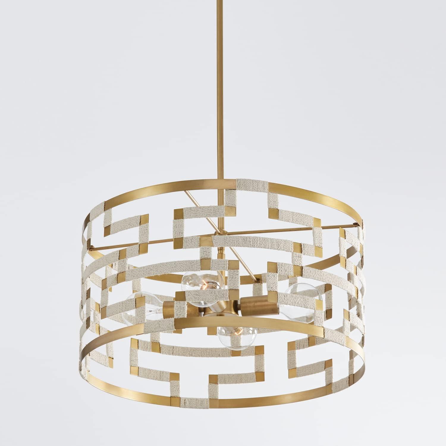 Bleached Natural Jute and Brass Drum Pendant Light