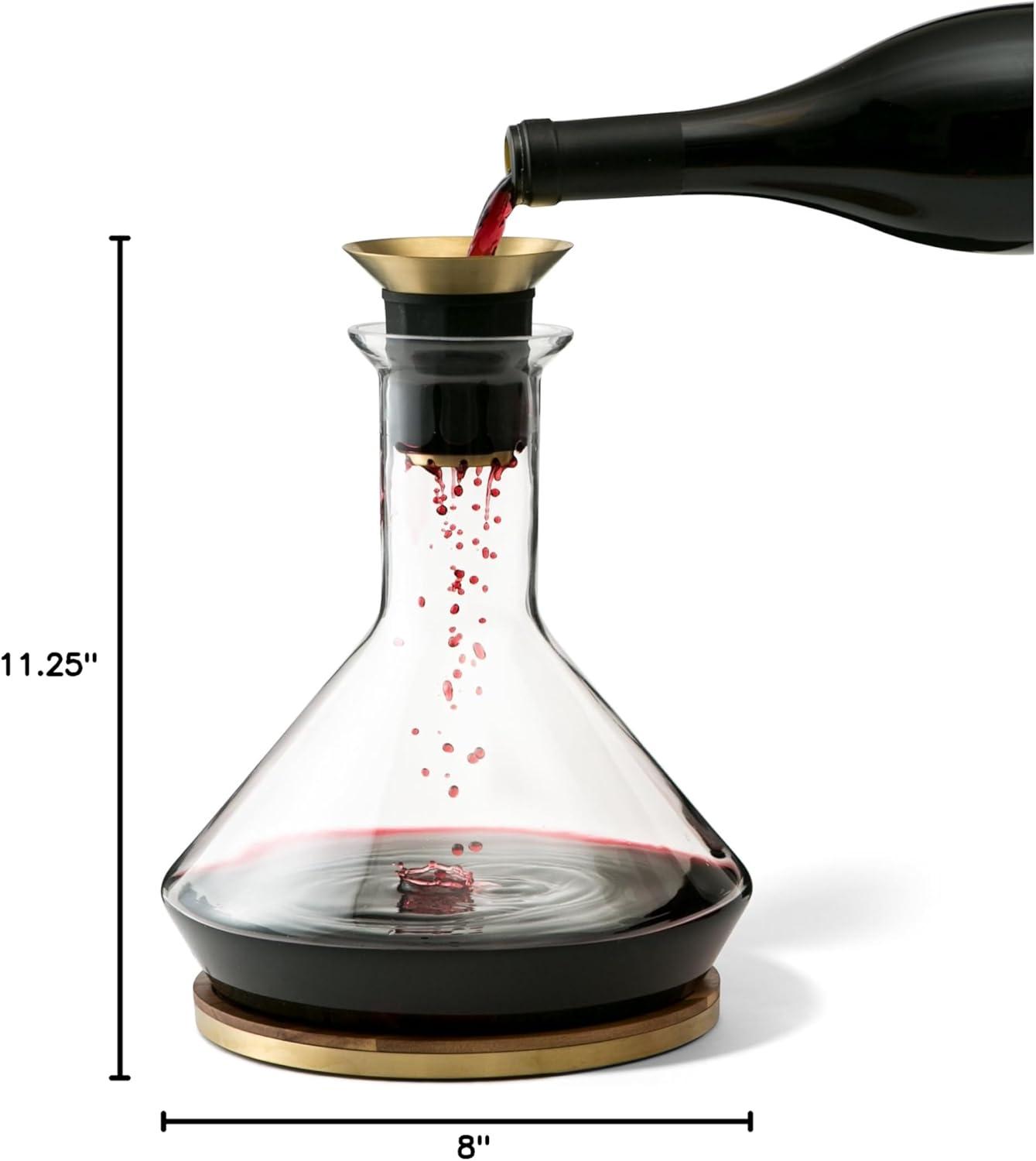 Clear Glass Wine Decanter with Gold Accents and Wood Coaster