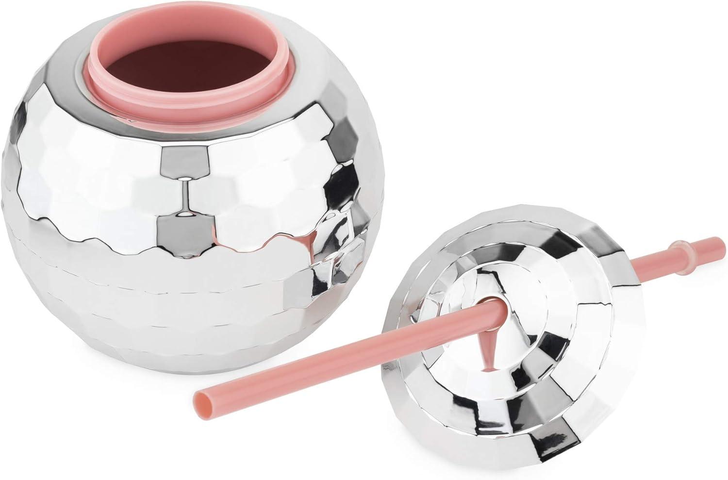 Blush Silver Disco Ball Cup with Straws for Parties - 16 Ounce Cute Sparkly Glitter Cocktail Disco Ball Drink Tumbler, Party Supplies