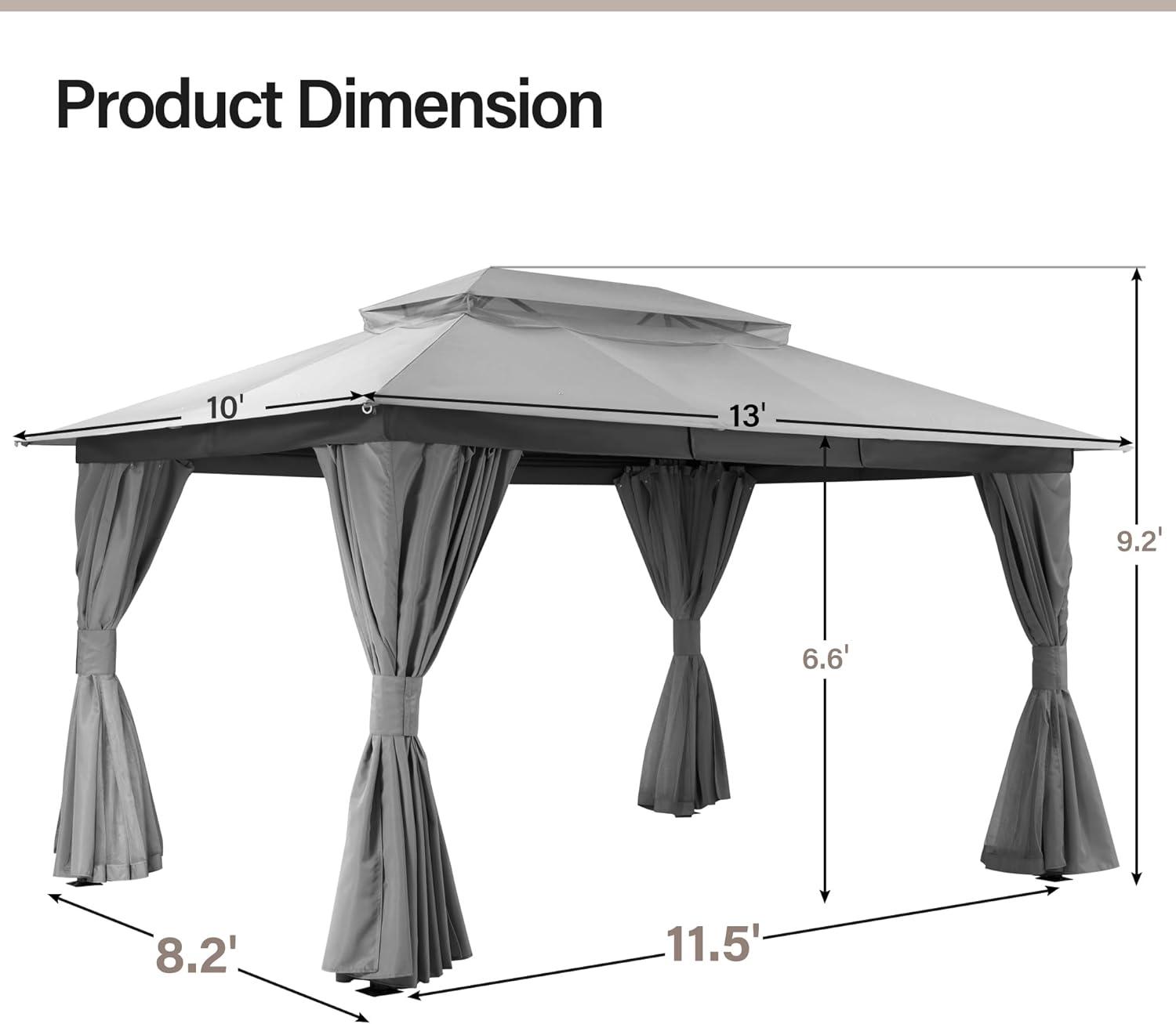 LAUSAINT HOME 10'x13' Patio Gazebo, Double Roof Outdoor Shelter Tent with Mosquito Nettings and Privacy Screens, Gray