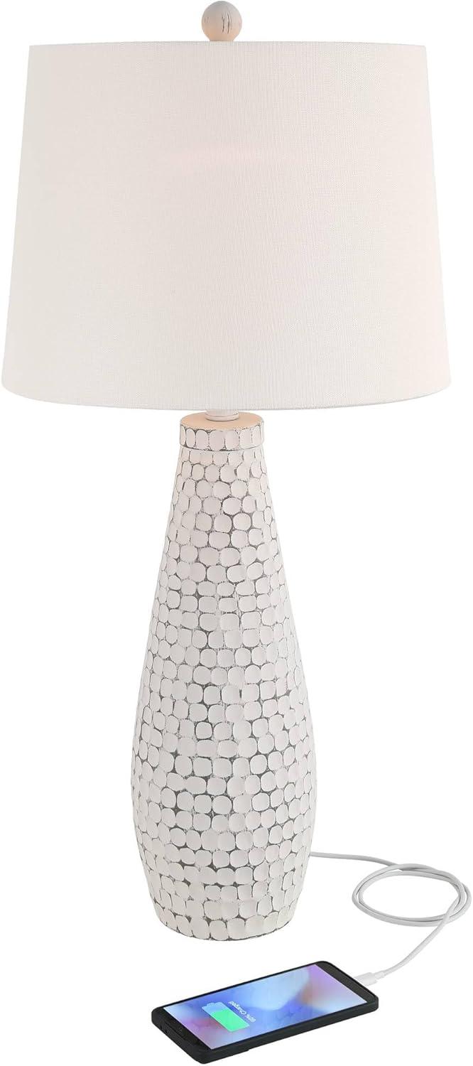 360 Lighting 29 1/2" Tall Modern Coastal End Table Lamps Set of 2 USB Port Whitewash Ceramic White Shade Living Room Charging Bedroom Bedside