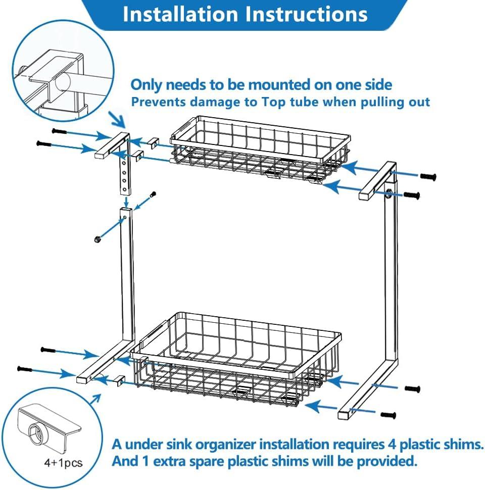 2 Pack Under Sink Organizer 2 Tier Under Sink Organizers and Storage Adjustable Kitchen Pull out Cabinet Organizer Metal Sliding Drawer for Bathroom Pantry Cabinet Closet Organization Rack Black