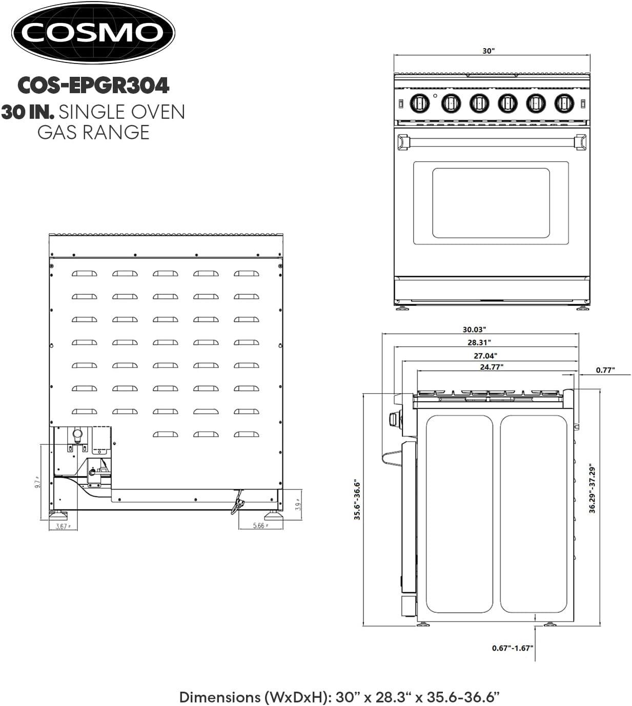 Cosmo 30 in. Haven Collection 4.5 cu. ft. Gas Range with 5 Sealed Burners, Convection Oven, Knob LED Lights, Stainless Steel