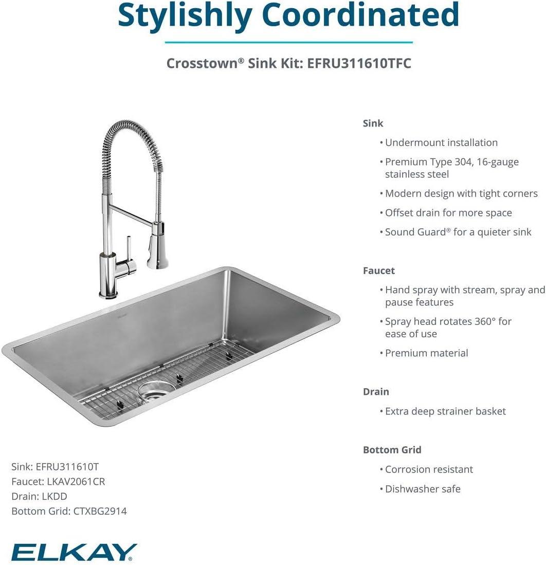 Elkay EFRU311610TFC Crosstown Stainless Steel 33" L x 18" W Undermount Kitchen Sink with Faucet