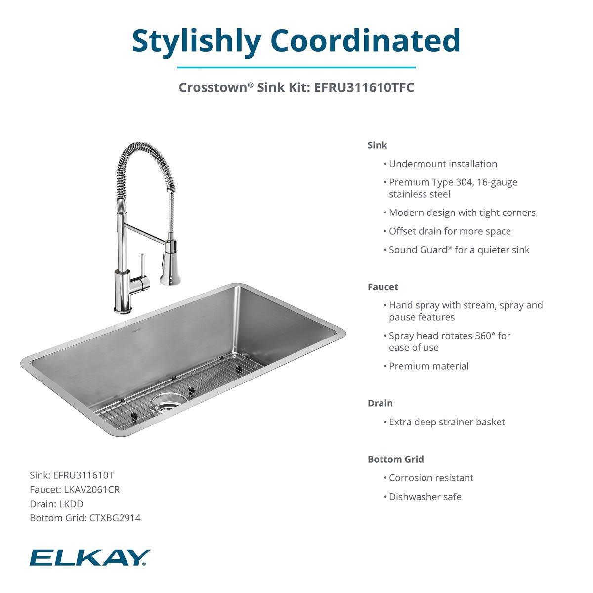 Elkay EFRU311610TFC Crosstown Stainless Steel 33" L x 18" W Undermount Kitchen Sink with Faucet