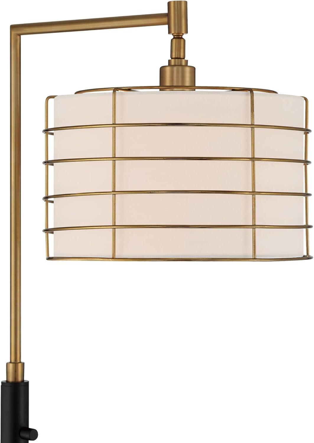 Possini Euro Design Modern Arc Floor Lamp 63 1/2" Tall Warm Gold Black Metal Cage Off-White Linen Shade for Living Room Reading