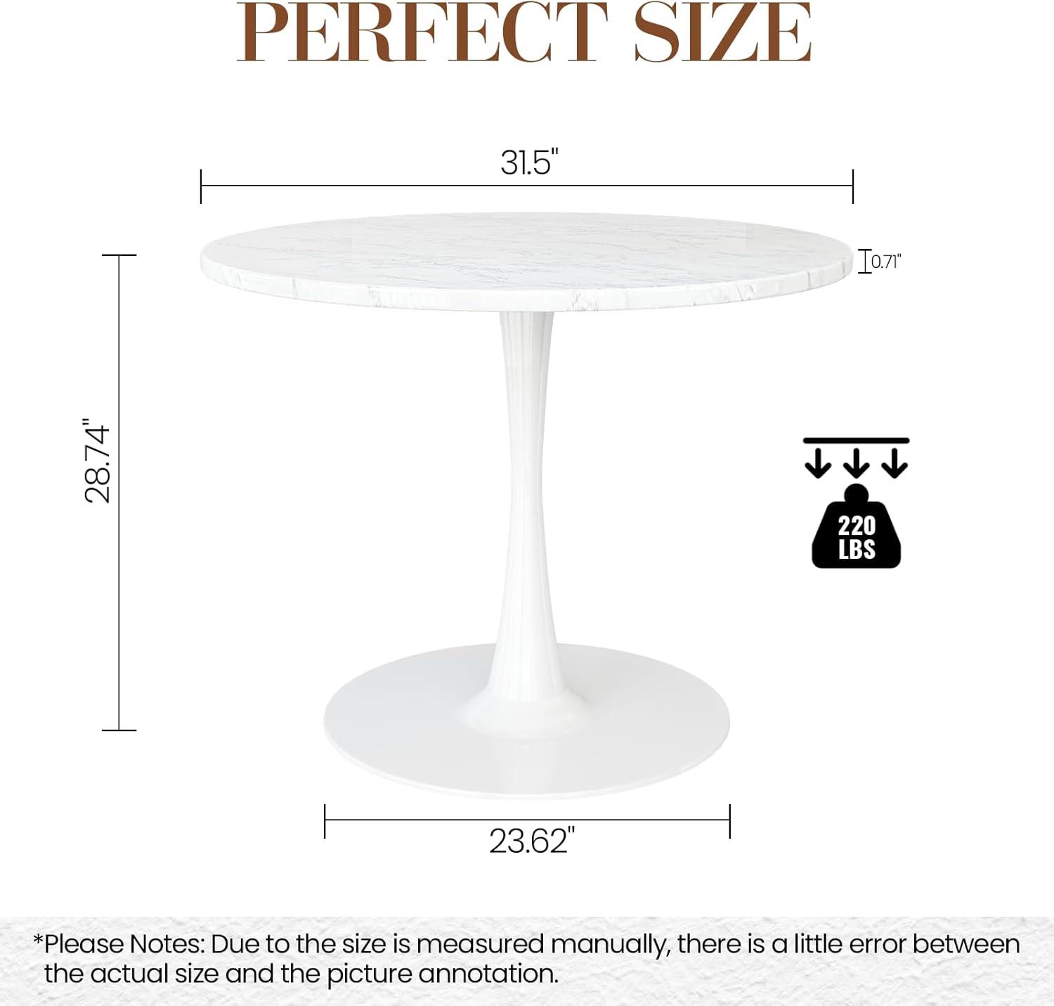 White Marble Round Dining Table, 31.5" Tulip Table Kitchen Dining Table 2-4 People with MDF Table Top & Pedestal Base, Mid-Century End Table Leisure Coffee Table Office Living Room Table