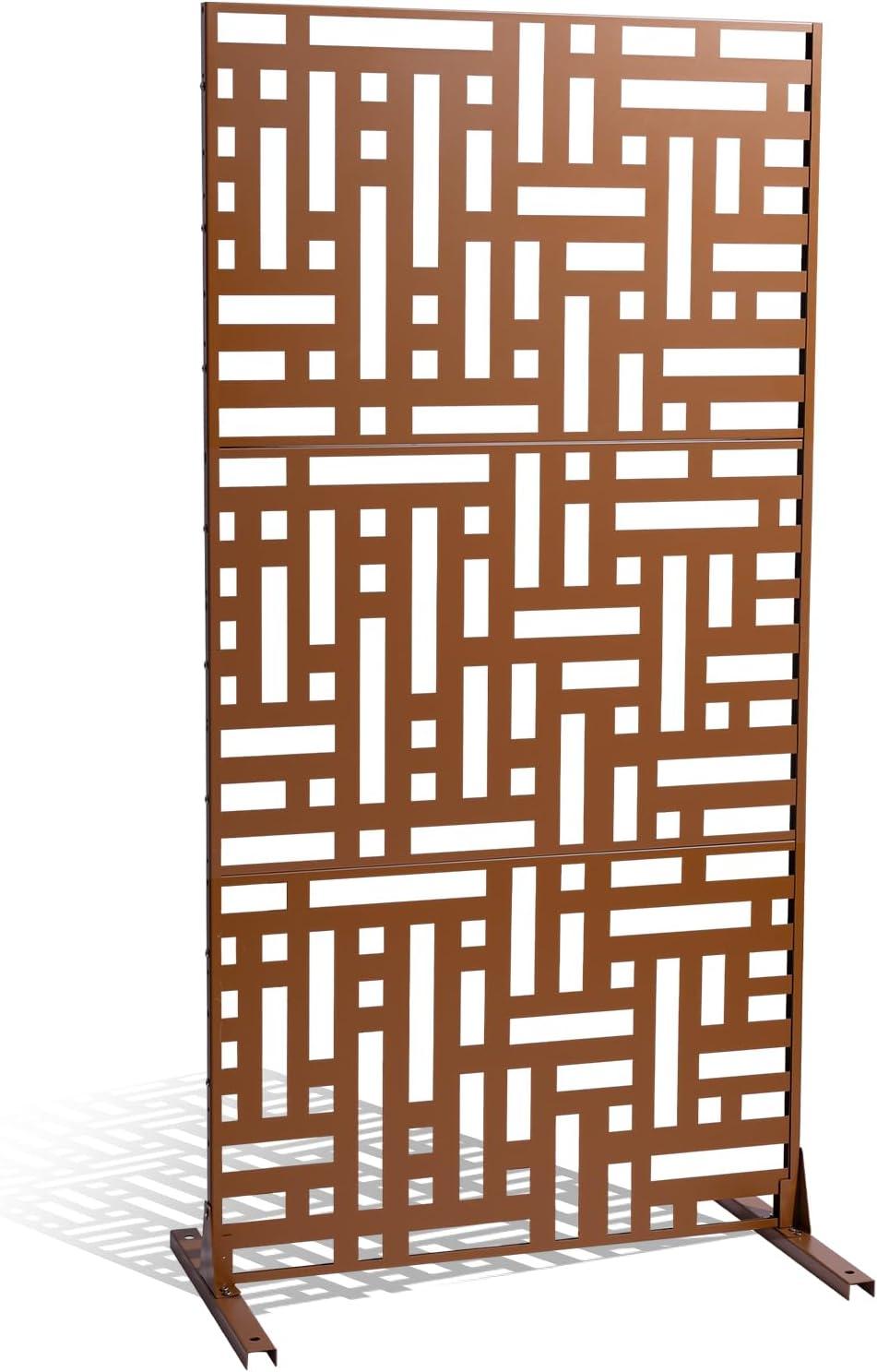 VEVOR Metal Privacy Screen, 47" W x 76" H, Outdoor Privacy Screens 3-Panel, Freestanding Outdoor Divider with Stand, Decorative Garden Steel Privacy Fence for Balcony Patio Indoor Room Hot Tub Brown