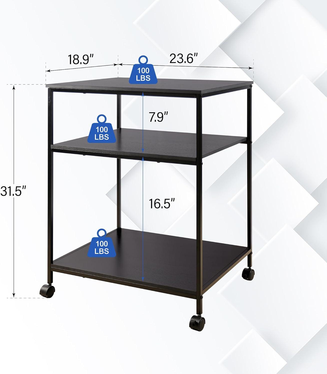 Large Printer Stand, 23.6" W x 18.9" D x 31.5" H Large Printer Table with Adjustable Storage Shelf, 3 Tier Rolling Printer Cart with Wheels for Home Office- Support 100 LBS Each Tier