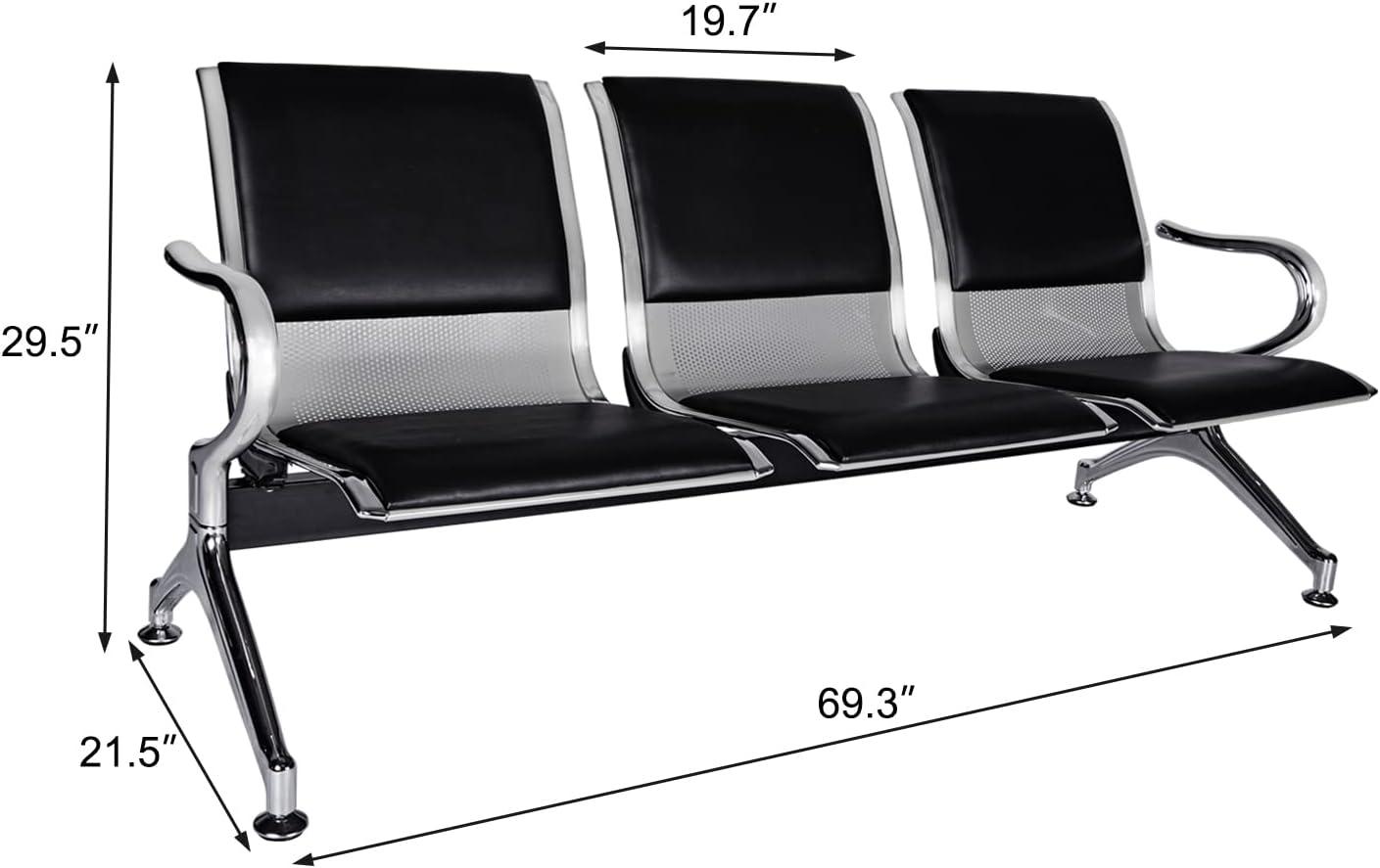 Kinbor Waiting Room Chairs, 3-Seat Reception Chairs Office Guest Waiting Furniture Bench Seating for Airport Bank Hospital, Black
