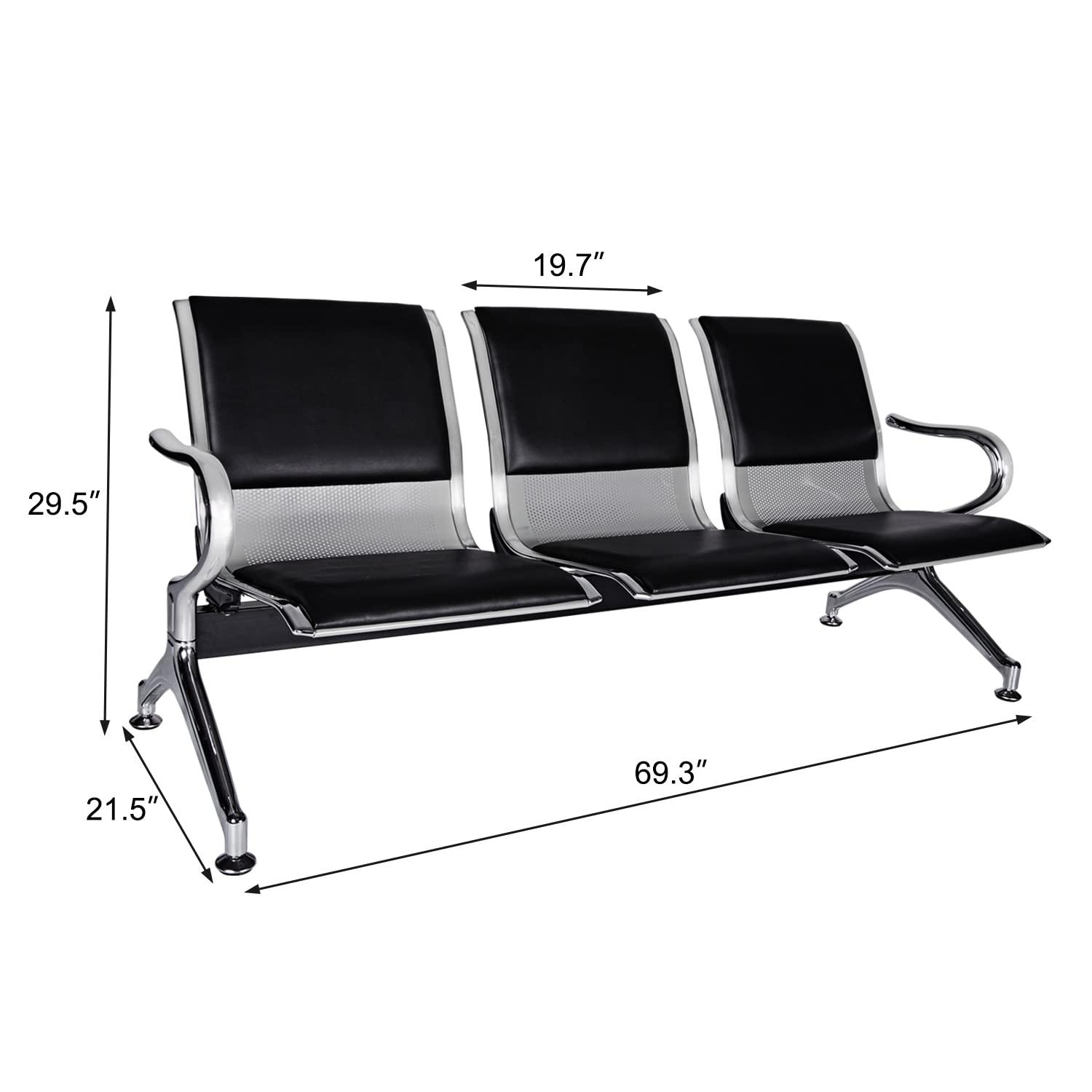 Kinbor Waiting Room Chairs, 3-Seat Reception Chairs Office Guest Waiting Furniture Bench Seating for Airport Bank Hospital, Black