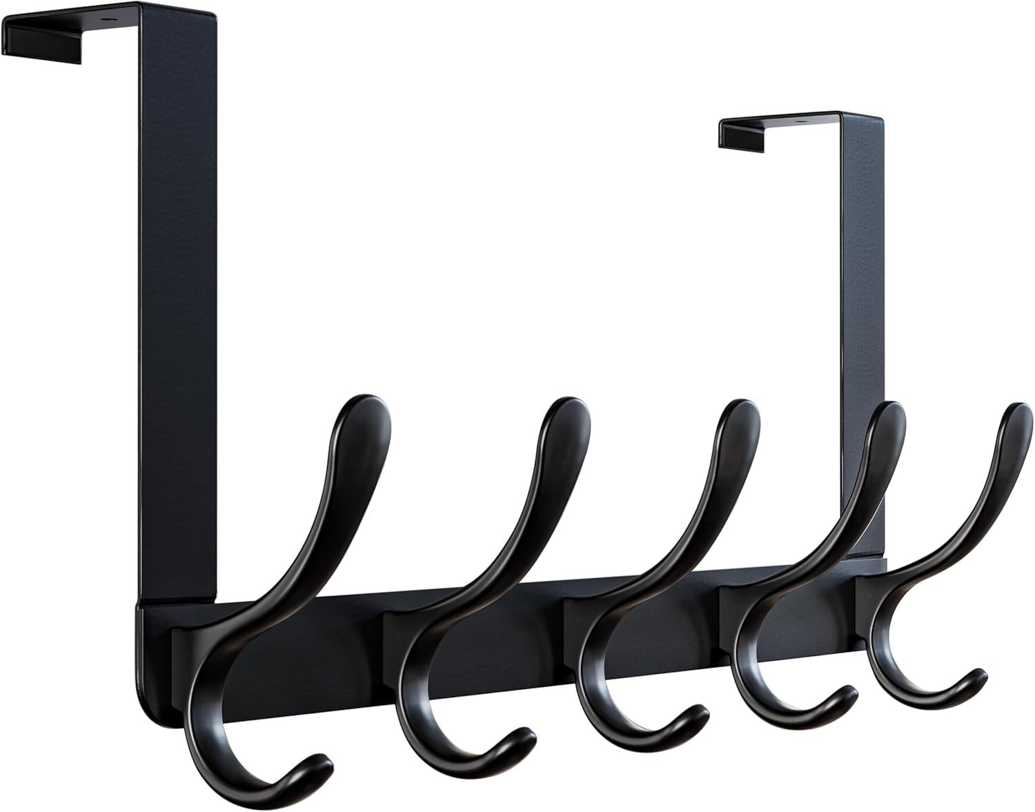 WEBI Over The Door Hook,Door Hanger Hook Rack with 5 Tri Hooks for Hanging Coats,Over Door Towel Rack Door Coat Towel Hanger Door Coat Rack for Bathroom,Behind Back of Door,Black