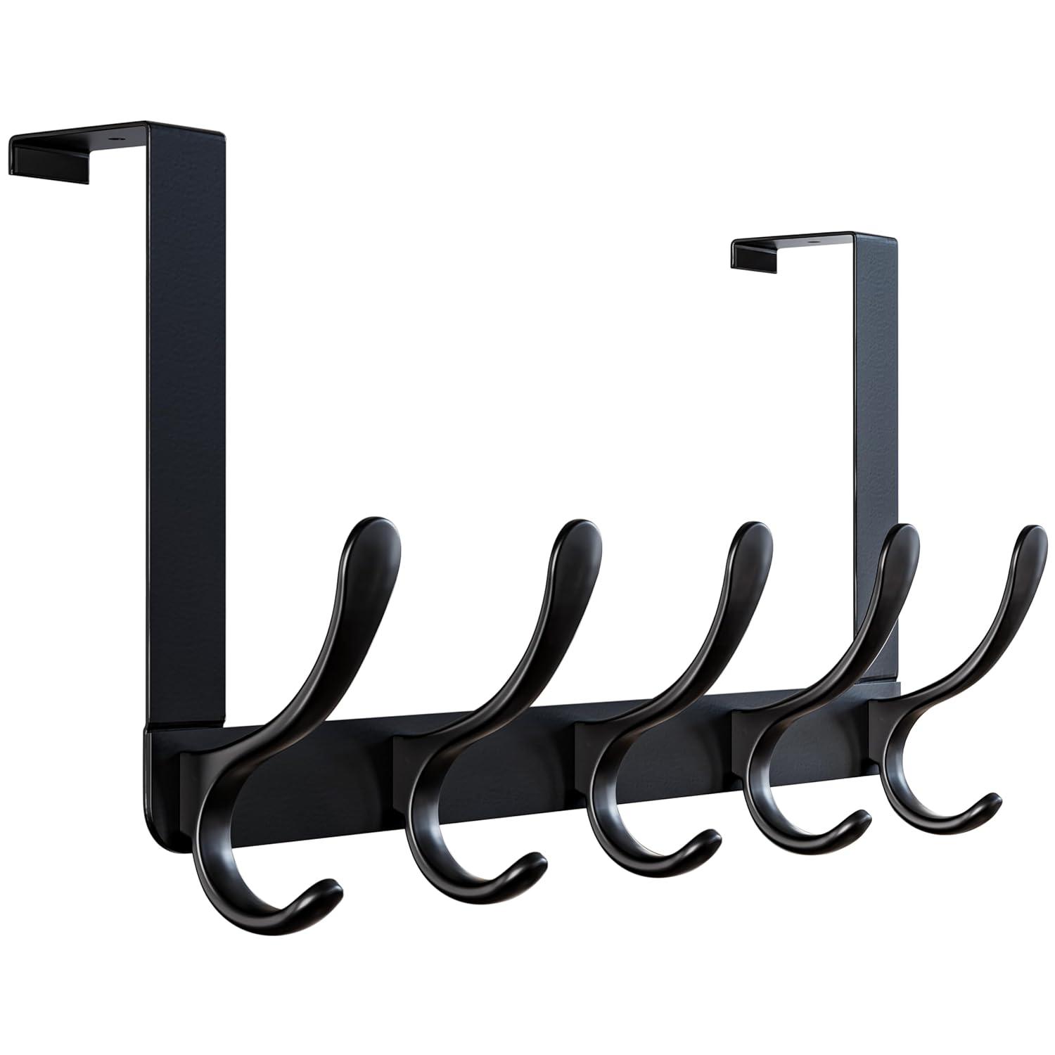 WEBI Over The Door Hook,Door Hanger Hook Rack with 5 Tri Hooks for Hanging Coats,Over Door Towel Rack Door Coat Towel Hanger Door Coat Rack for Bathroom,Behind Back of Door,Black