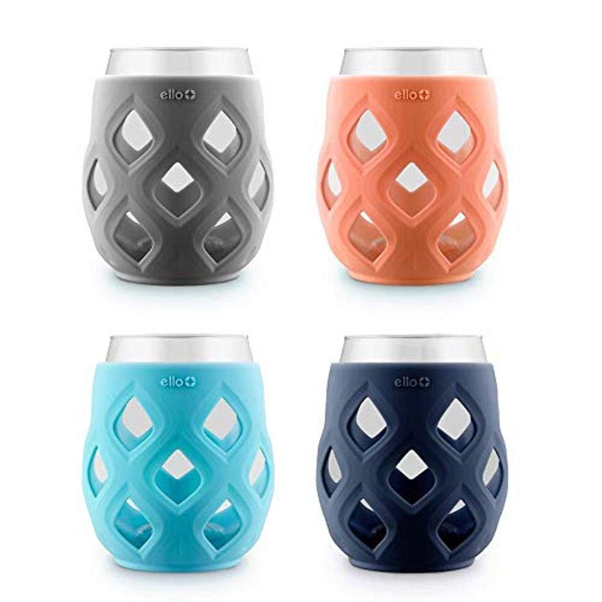 Ello Cru Stemless Wine Glass Set with Silicone Protection, 4 Pack, Paloma
