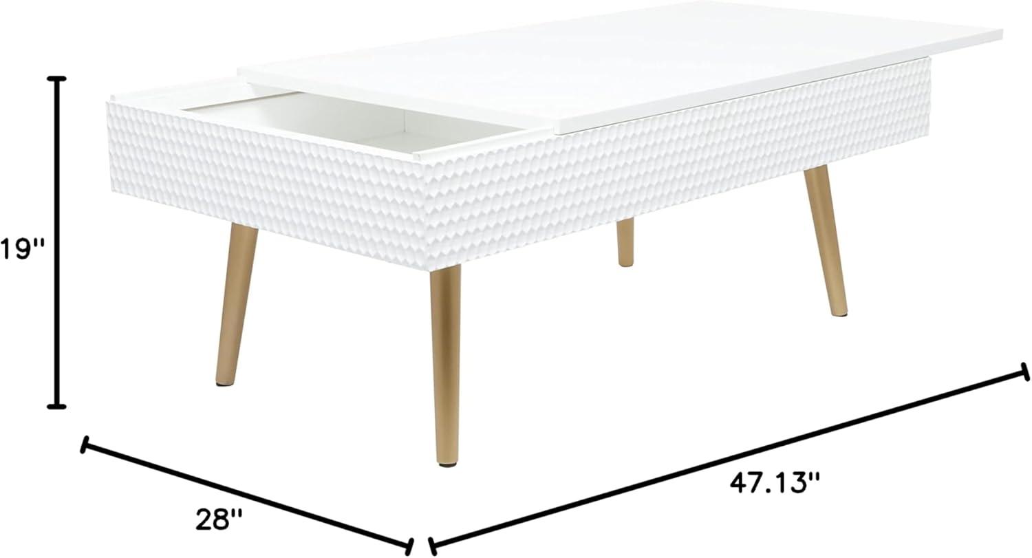 DecMode Wood Contemporary Rectangular with Textured Honeycomb Skirt Carvings Coffee Table 47"W x 19"H, with Muted White amd Soft Sheen Finish Highlights