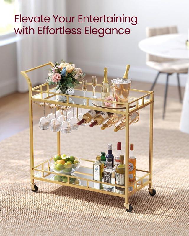 VASAGLE Bar Cart Gold, Home Bar Serving Cart, Wine Cart with 2 Mirrored Shelves, Wine Holders, Glass Holders, for Kitchen, Dining Room, Gold ULRC092A62