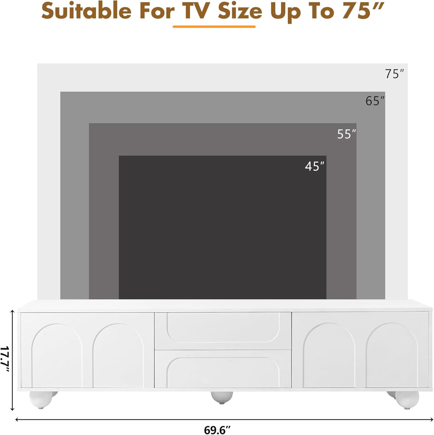 EUROCO 69.6" Modern TV Stand,Modern Entertainment Center with 2 Drawers,2 Storage Cabinets,5 Iron Round Legs and Rebound Device,Media Console Table for TVs Up to 75",White