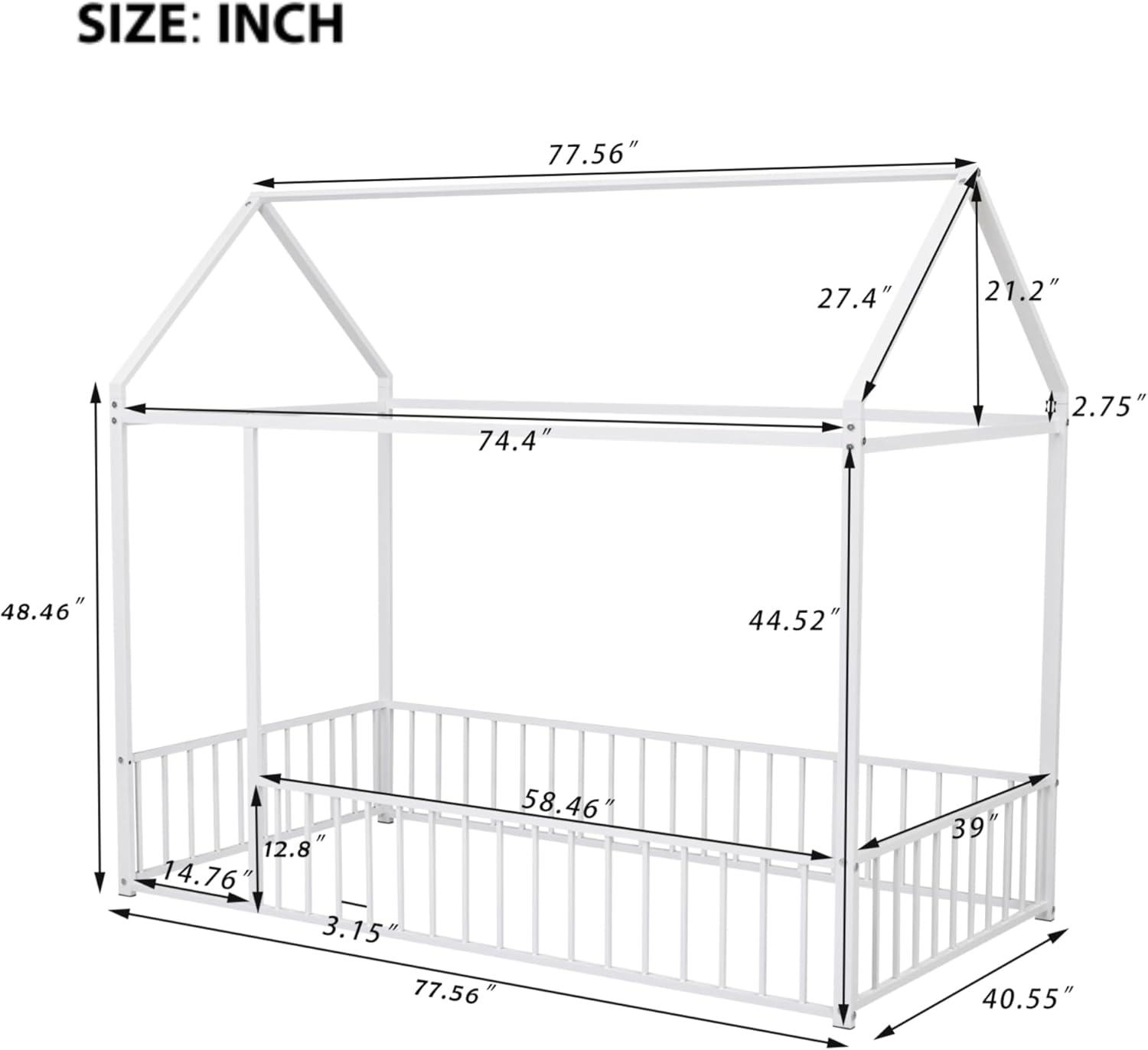 Ultimate Kids Comfort: HZANHY Twin Montessori Floor Bed, Rails, Playhouse Bed With Roof, Foot Pads