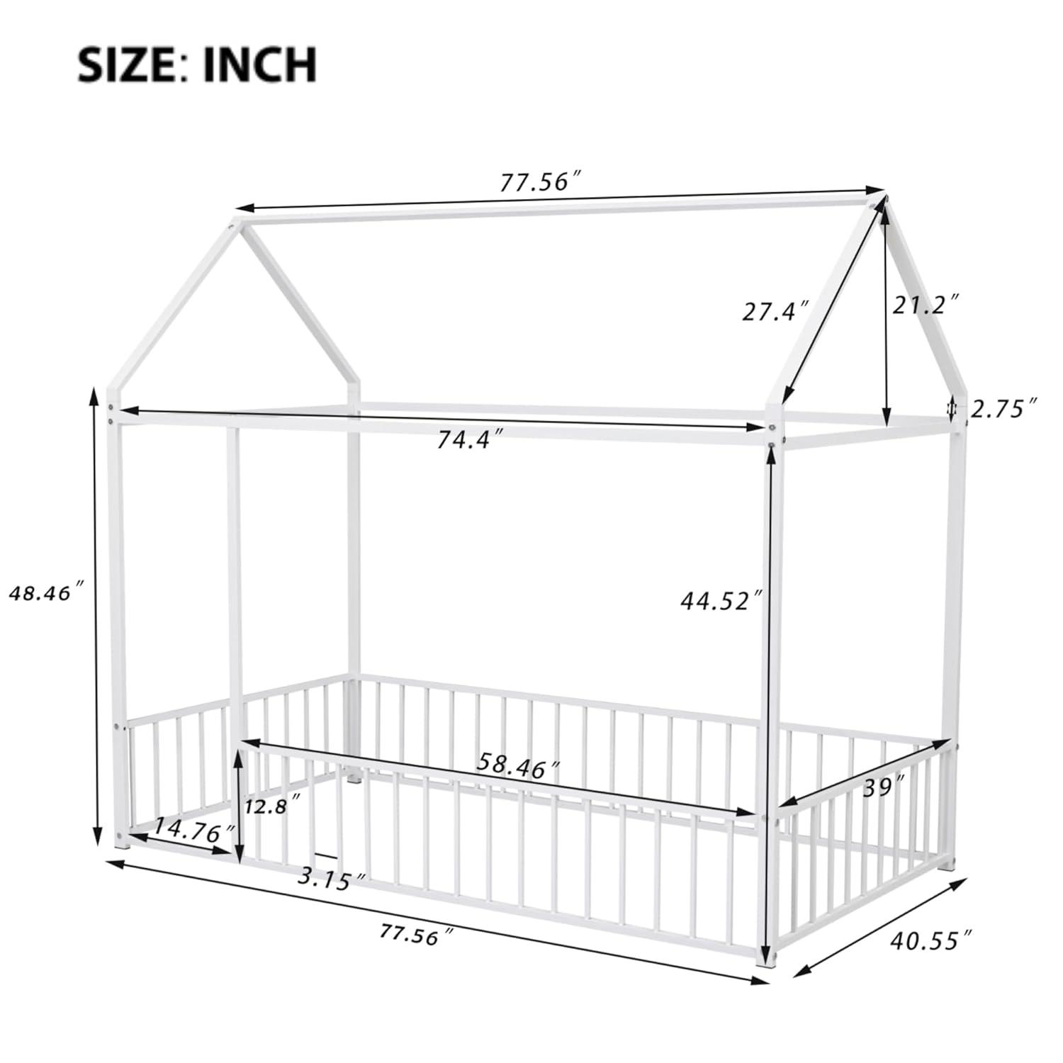 Ultimate Kids Comfort: HZANHY Twin Montessori Floor Bed, Rails, Playhouse Bed With Roof, Foot Pads