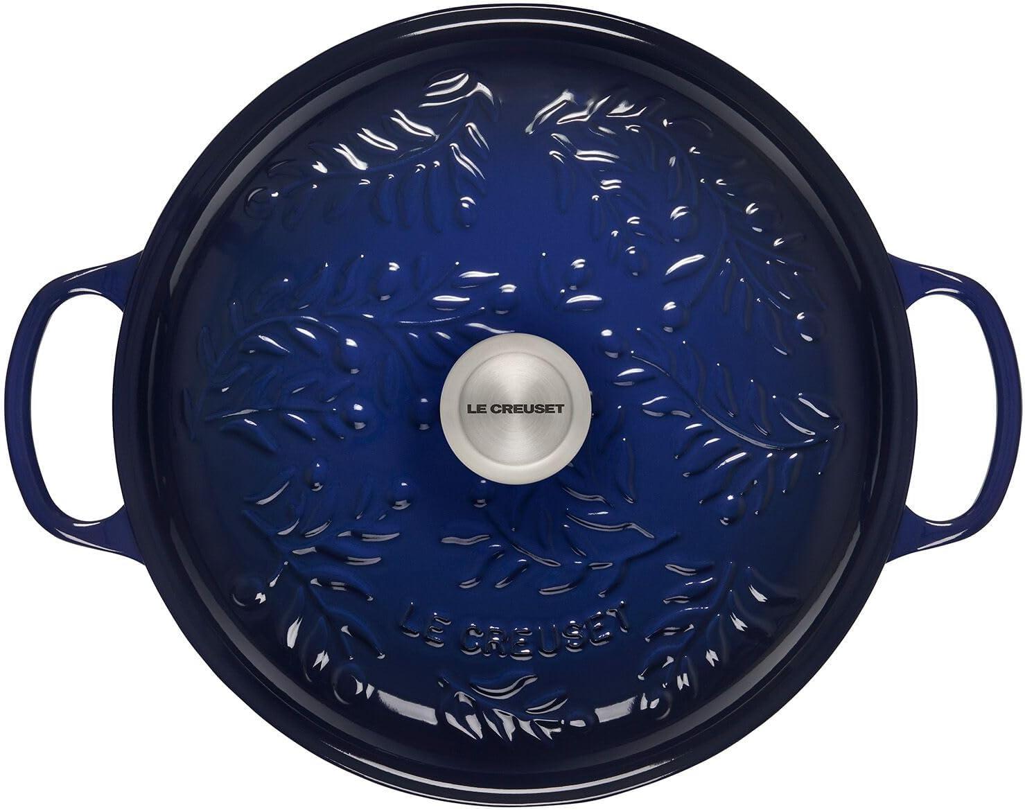 Indigo Cast Iron Round Braiser with Embossed Olive Branch Design