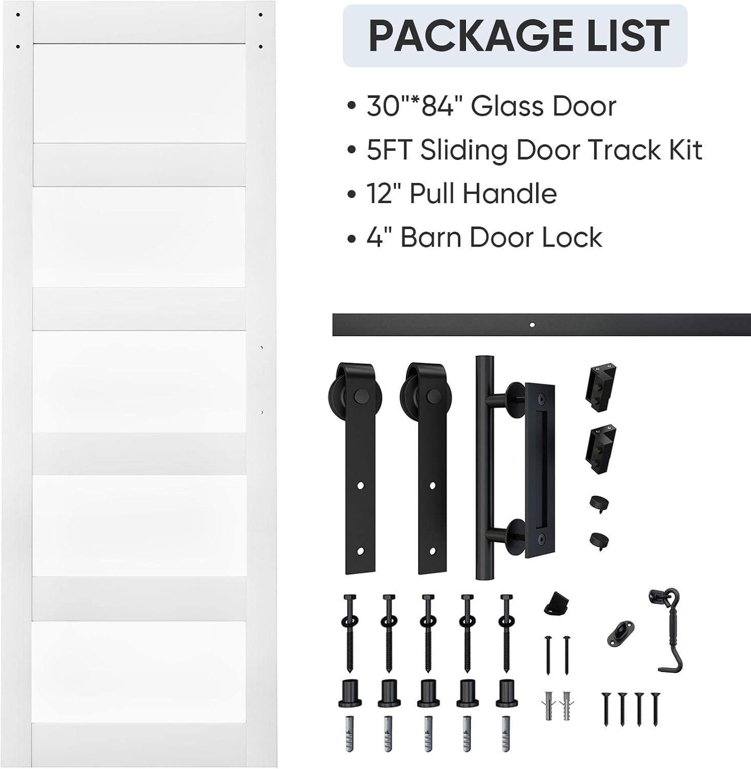 White 30x84 Frosted Glass 5-Panel Sliding Barn Door with Hardware Kit