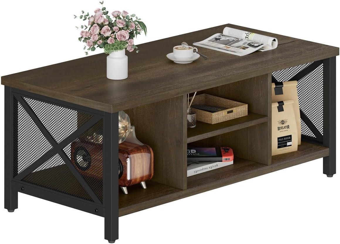 FATORRI Rustic Coffee Table for Living Room, Farmhouse Dark Wood Center Table, Industrial Rectangle Cocktail Tea Tables (Walnut Brown)