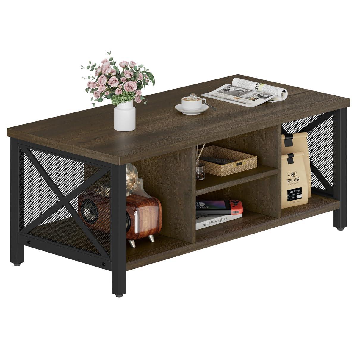 FATORRI Rustic Coffee Table for Living Room, Farmhouse Dark Wood Center Table, Industrial Rectangle Cocktail Tea Tables (Walnut Brown)