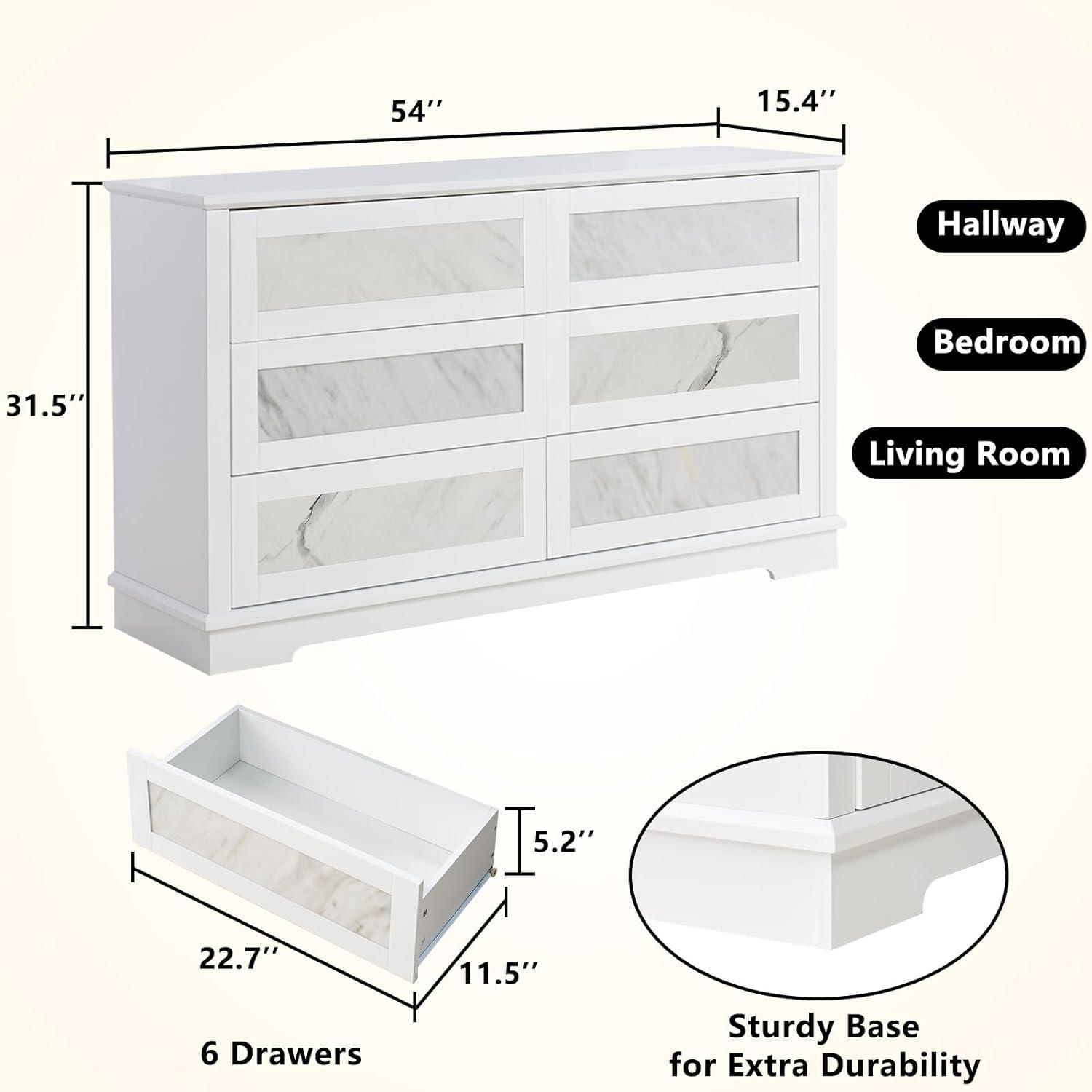 Merluxy High-Gloss 6 Drawer Dresser, 54" Natural Marble Chest of Drawers No Handles, Modern, White