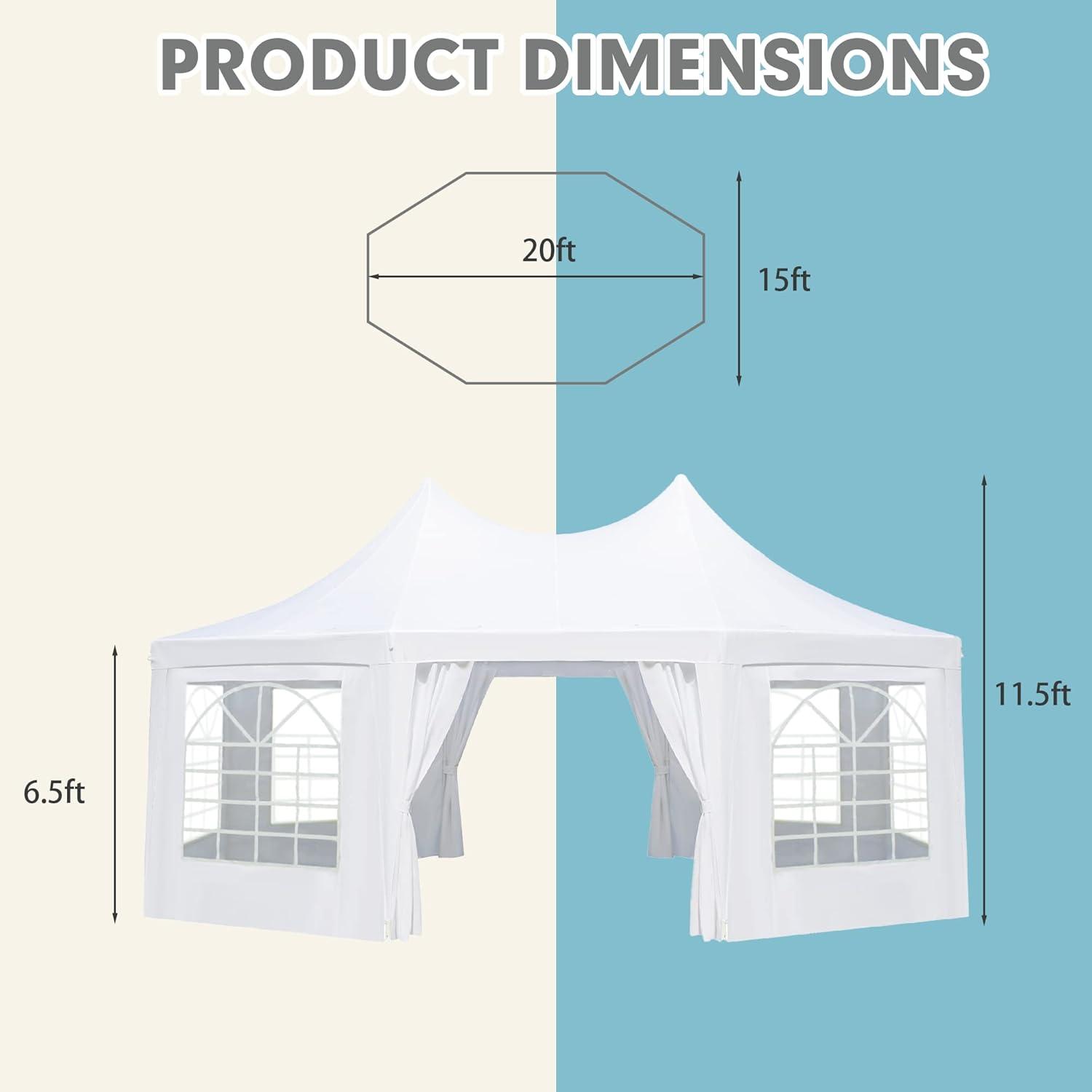 White Hexagonal Party Tent with Peaked Canopy and Removable Sidewalls