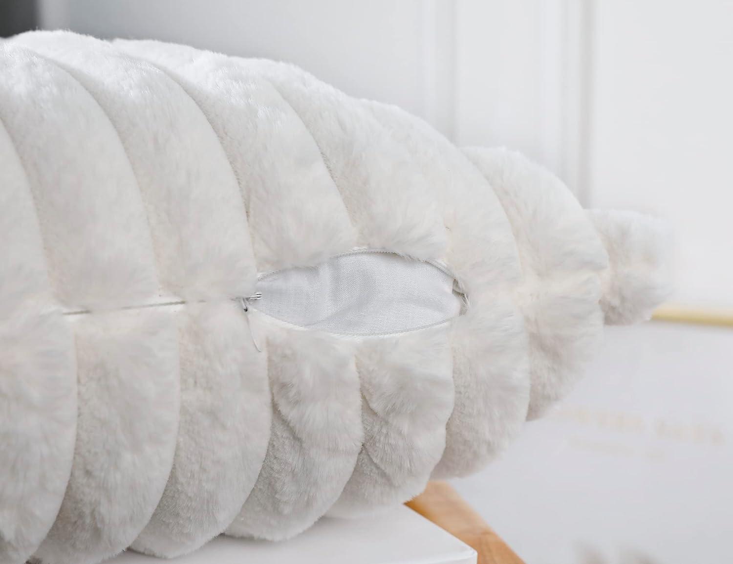 PANOD Faux Fur Decorative Lumbar Throw Pillow Covers 12 x 24,Long Boho Lumbar Pillow Covers Pillow Case Cushion Case for Bed Sofa Farmhouse Livingroom,White