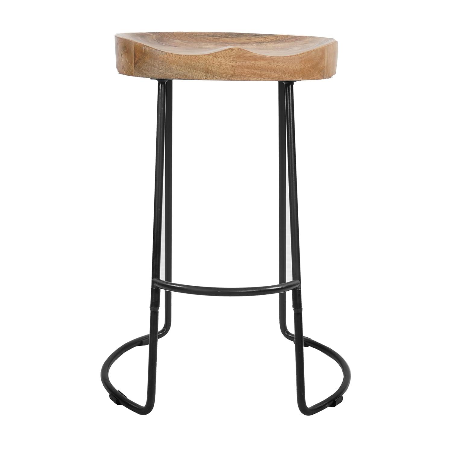 The Urban Port 24 Inch Mango Wood Industrial Counter Height Stool, Saddle Seat, Iron, Set of 2, Brown, Black