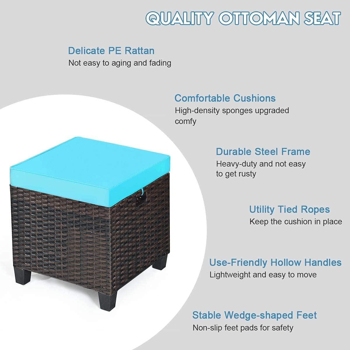 Costway 2PCS Patio Rattan Ottoman Cushioned Seat w/ Foot Rest Turquoise