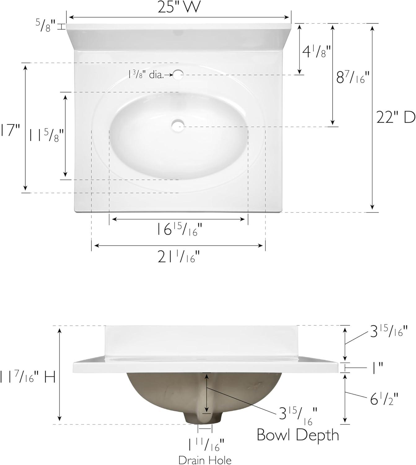 Cultured Marble Vanity Top – 25-Inch Single Bowl Sink Single Hole Mount with Integrated Backsplash – Reinforced Packaging – Solid White, Design House, 554600