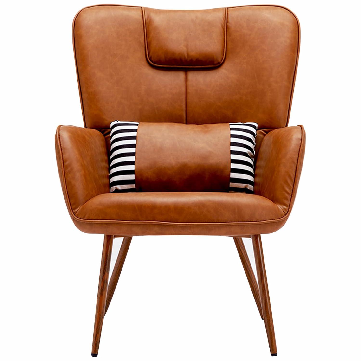Faux Leather Wingback Chair, Arm Chair, Upholstered Living Room Chairs, Brown Accent Chair, Accent Chairs for Living Room, Bedroom, Office and Study