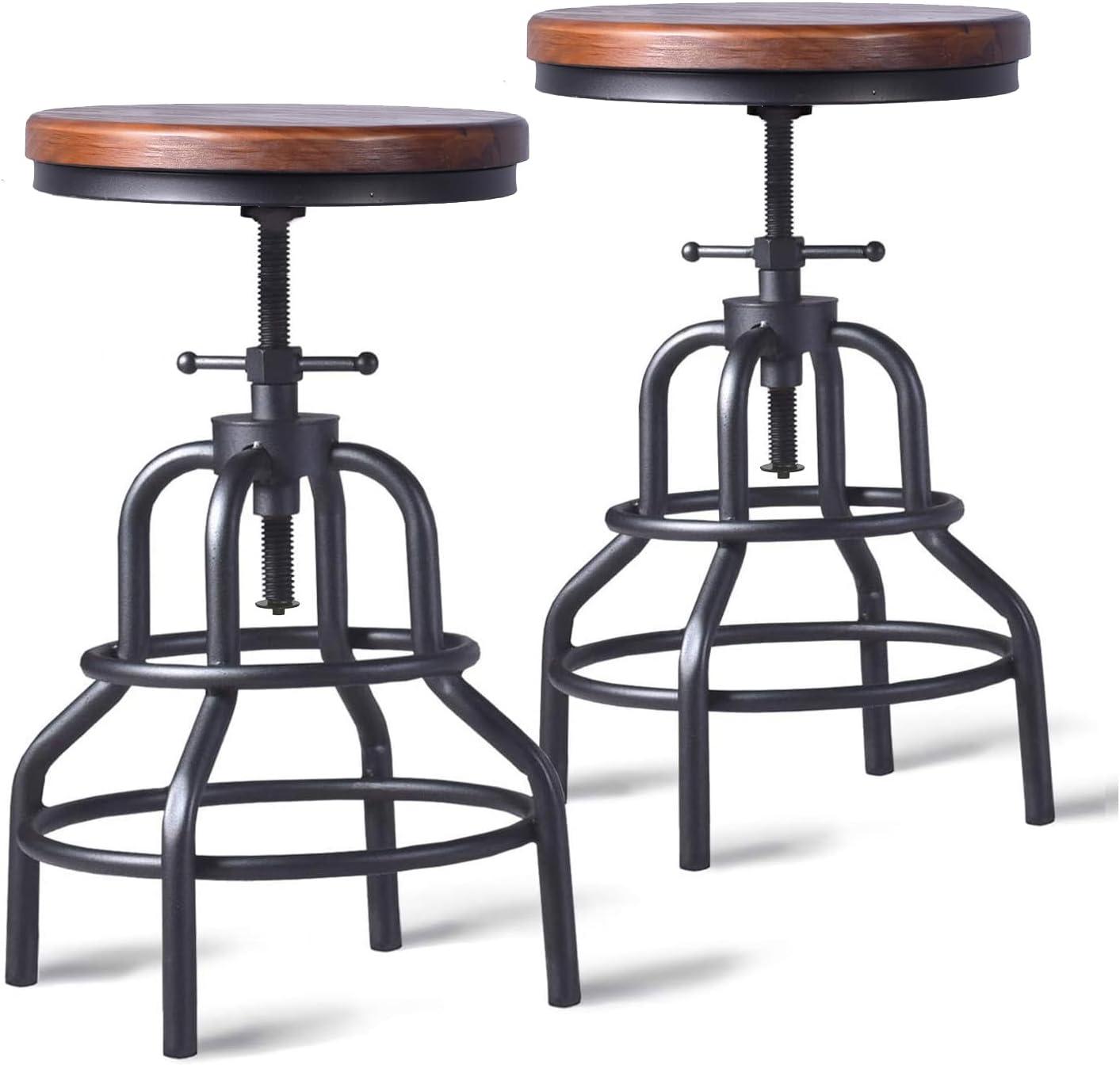 LOKKHAN Vintage Industrial Bar Stool-Rustic Swivel Bar Stool-Round Wood Metal Stool-Kitchen Counter Height Adjustable Pipe Stool-Cast Steel Stool 20-27 Inch (Set of 2)