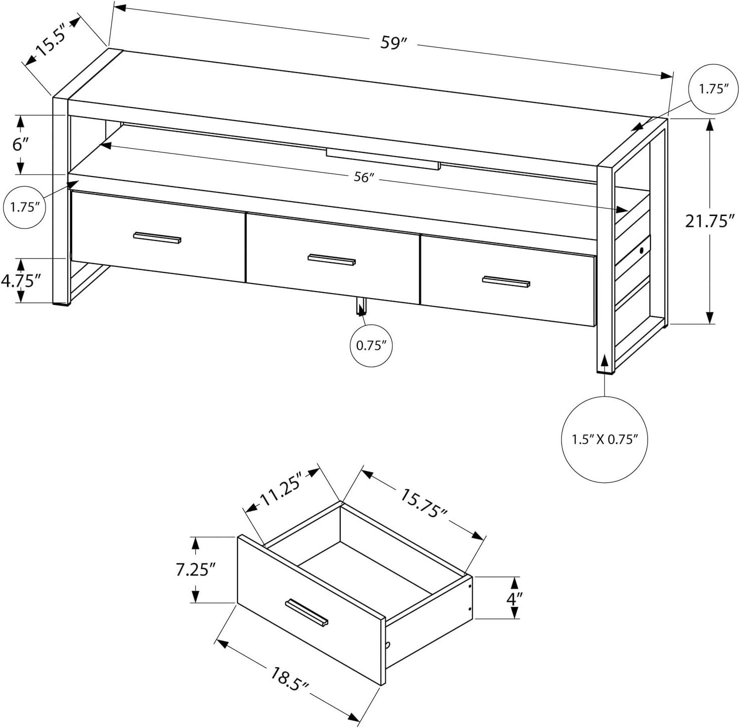 Monarch Specialties Tv Stand 60 Inch Console Media Entertainment Center Storage Drawers Metal Laminate Grey Black Contemporary Modern