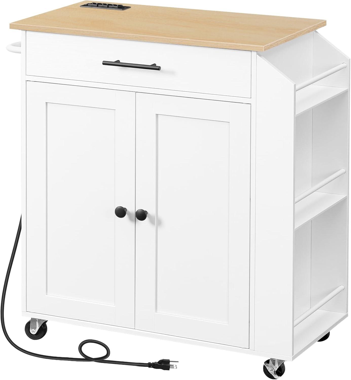 Kitchen Island Cart Kitchen Island on Wheels with Spice Rack, Towel Rack and 5 Drawers, Rolling Mobile Kitchen Island with Door Storage Cabinets, 4 Locking Wheels and Rubber Wood Top, White