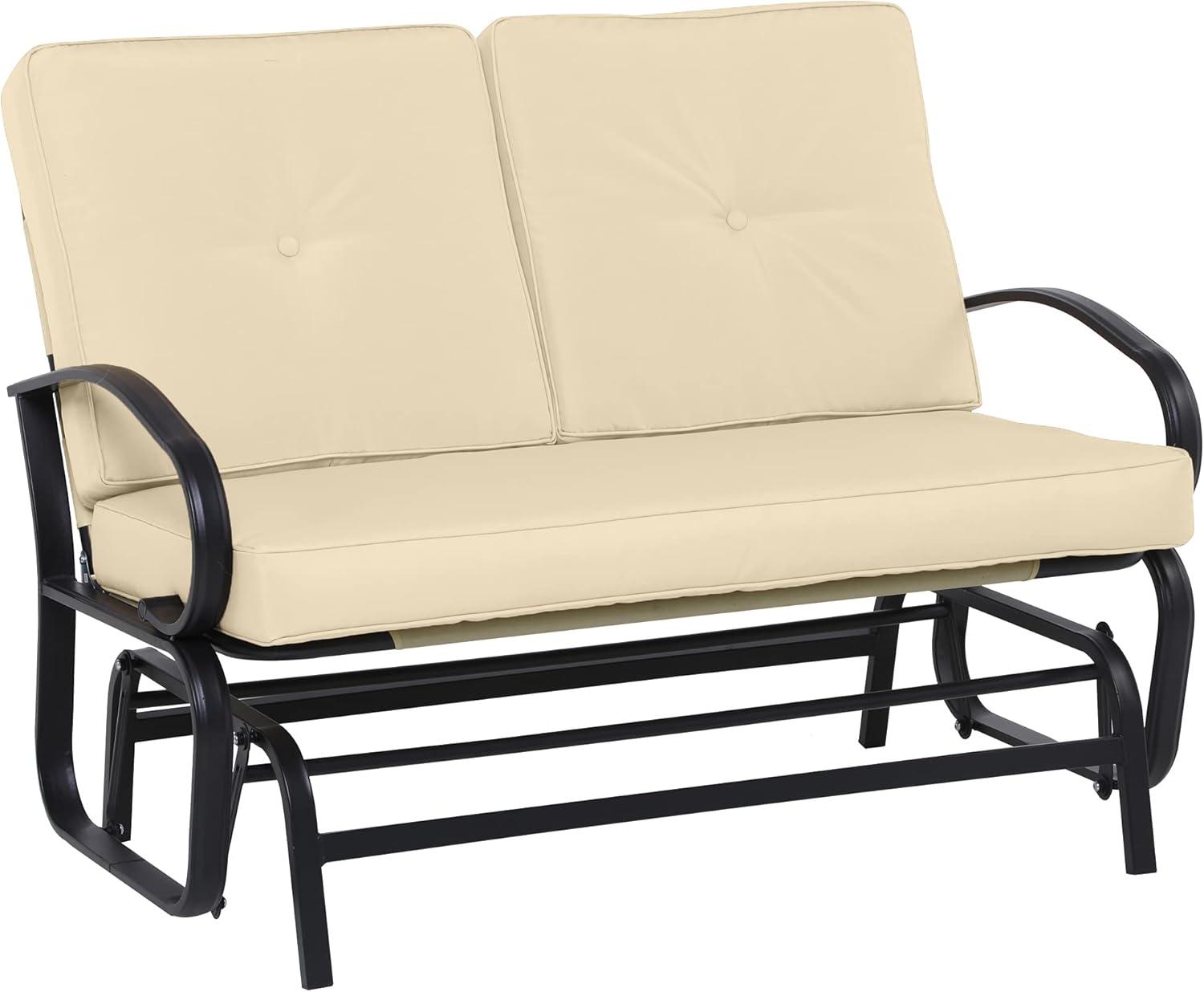 Outsunny Patio Glider Bench with Padded Cushions and Armrests, Outdoor 2-Person Swing Rocking Chair Loveseat with Sturdy Frame, Beige