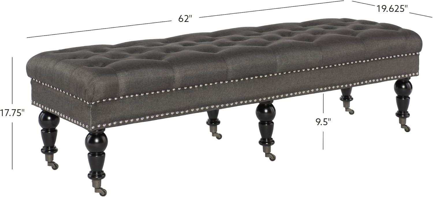 Isabelle 62" Charcoal Linen Upholstered Bench with Silver Nailheads