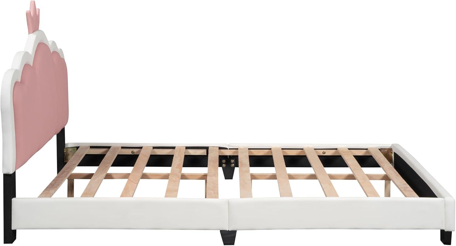 Merax Kid Full Upholstered Day Bed Frame with Crown Headboard, Wood Princess Low Platform Bed for Boys Girls,Easy Assemble White+Pink