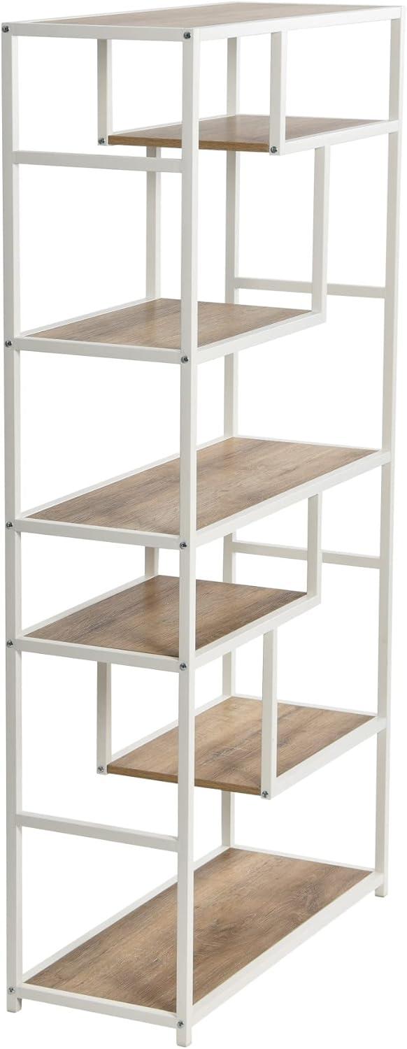 Household Essentials Jamestown Tall 6 Shelf Open Storage Bookshelf Coastal Oak Rustic Wood Grain and White Metal