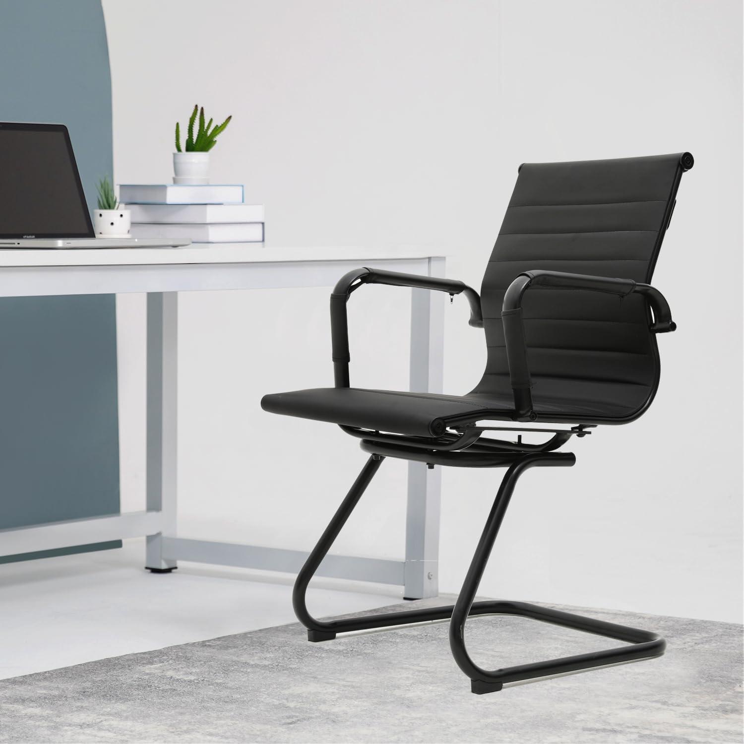 Guyou Modern Mid Back Office Guest Chair Set of 2, Faux Leather Reception Chair Computer Chair with Armrests and Metal Sled Base for Meeting/Waiting/Conference Room, No Wheels, Black